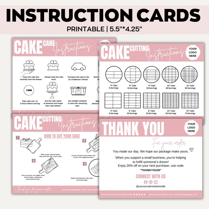 May include: Printable instruction cards for cake care and cutting, featuring pink and white designs. Includes diagrams for cake serving sizes and cutting instructions. The cards measure 5.5" x 4.25".