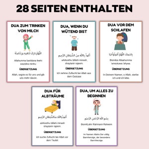 May include: A set of six illustrated cards with Arabic text and German translations. Each card features a different prayer for various situations, including drinking milk, anger, before sleep, nightmares, and starting something new. The cards have colourful illustrations.