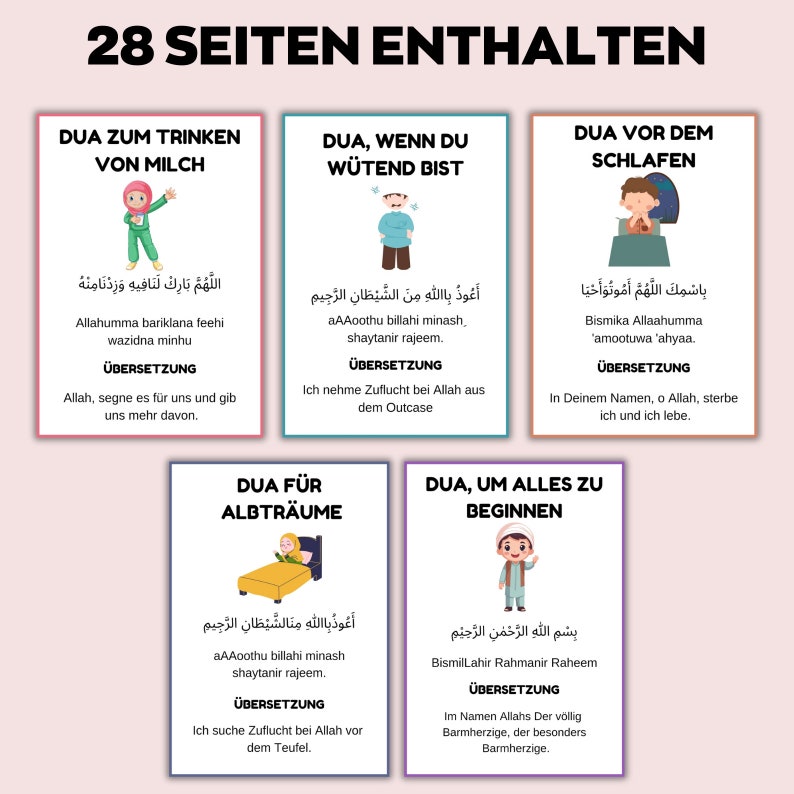 May include: A set of six illustrated cards with Arabic text and German translations. Each card features a different prayer for various situations, including drinking milk, anger, before sleep, nightmares, and starting something new. The cards have colourful illustrations.