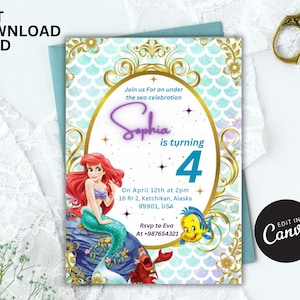 Modello di invito per piccolo compleanno modificabile, invito sirena, festa di compleanno principessa, compleanno sotto il mare, viola verde acqua oro Canva