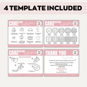 May include: Pink and white cake care and cutting instruction cards with the text "4 TEMPLATE INCLUDED." The cards include diagrams and text for cake care and cutting, with space for a logo and a thank you message.