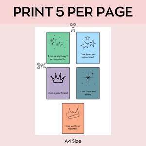 以下が含まれることがあります： 5つの肯定的な言葉が書かれた、A4サイズの印刷可能なシート。各カードは異なる色の背景を持ち、「私は愛され、感謝されています」などの肯定的な言葉が書かれています。「PRINT 5 PER PAGE」の文字が上部にあります。
