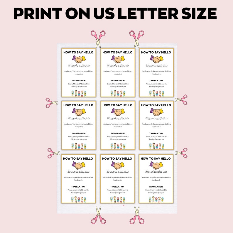 May include: A sheet of printable cards with the text "HOW TO SAY HELLO" in English and Arabic, with a handshake graphic. The cards are arranged on a pink background with pink scissors around the edges. The text "PRINT ON US LETTER SIZE" is at the top.