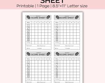 May include: A printable Bunco score sheet on 8.5" x 11" letter-sized paper. The sheet features four score card sections with spaces for rolls, totals, and tracking wins and losses. The title "BUNCO SCORE SHEET" is at the top.