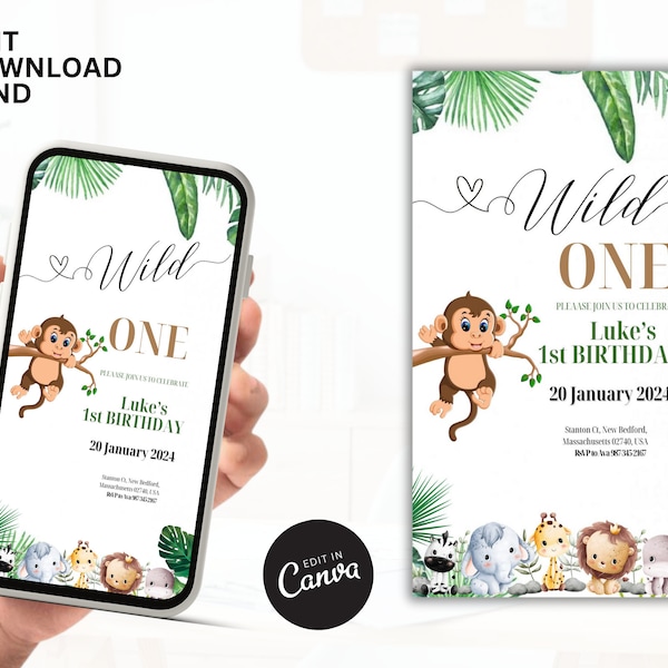 Safari Wild One Gender Neutral 1st Birthday Invitation, Editable Party Invite, Green Jungle Animal invitation,E-tempalte Birthday Evite