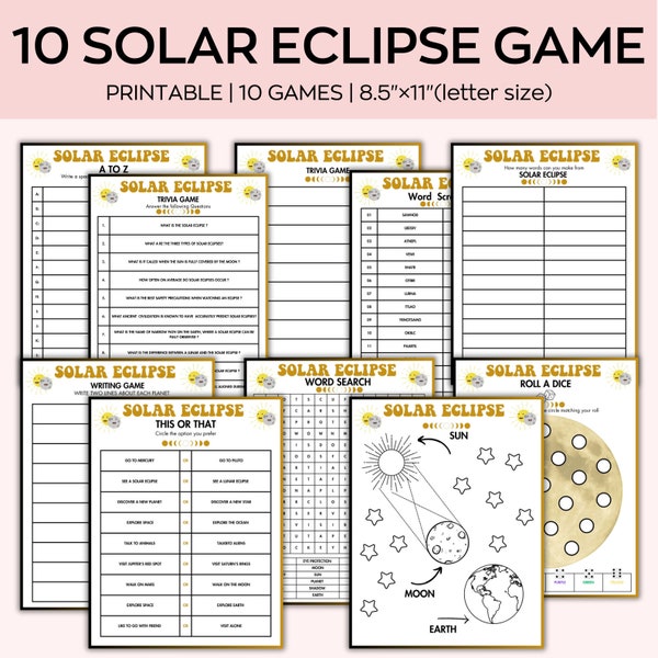 Solar Eclipse Games, Eclipse Worksheets Printable, Solar Activity Ideas 2024,  Adults Kids Classroom, Homeschool Family Eclipse Party Idea