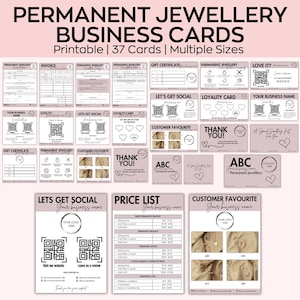 Könnte beinhalten: Eine Sammlung druckbarer Visitenkarten für permanenten Schmuck, mit verschiedenen Designs wie Rechnungen, Geschenkgutscheinen und Treuekarten. Die Karten haben ein rosa-weißes Farbschema und enthalten QR-Codes und Preislisten.