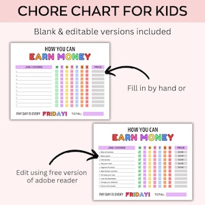 May include: Colorful chore chart for kids with the text "HOW YOU CAN EARN MONEY." The chart includes sections for job/chores, days of the week, and price. The chart is designed to be filled in by hand or edited using a free version of Adobe Reader.