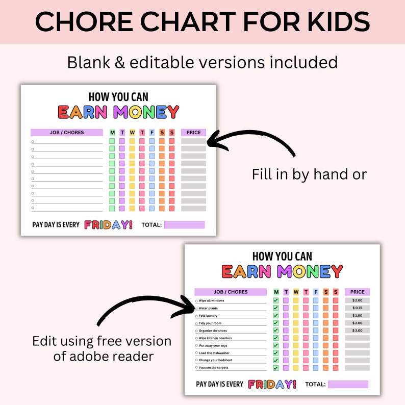 May include: Colorful chore chart for kids with the text "HOW YOU CAN EARN MONEY." The chart includes sections for job/chores, days of the week, and price. The chart is designed to be filled in by hand or edited using a free version of Adobe Reader.