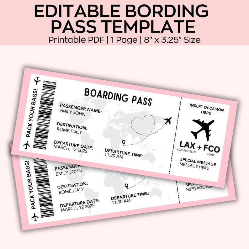 K&ouml;nnte beinhalten: Rosa Bordkarten-Vorlage mit dem Text "BOARDING PASS". Die Vorlage enth&auml;lt den Namen des Passagiers, das Ziel, das Abflugdatum und die Abflugzeit sowie einen Platz f&uuml;r eine spezielle Nachricht. Die Gr&ouml;&szlig;e betr&auml;gt 20,32 cm x 8,26 cm.