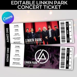 以下が含まれることがあります： 編集可能なLinkin Parkのコンサートチケット2枚。上のチケットにはバンドの写真と「LINKIN PARK FROM ZERO WORLD TOUR」の文字が。下のチケットにはバンドのロゴとツアーの文字が入っています。どちらのチケットにも、名前、時間、日付、場所、メッセージの欄があります。