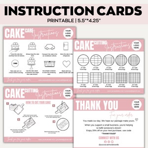 編集可能なケーキのお手入れとカットガイドのCanvaテンプレート、印刷可能なケーキのビジネスサンキュー、ケーキのお手入れの印刷可能なカード、ケーキの提供手順