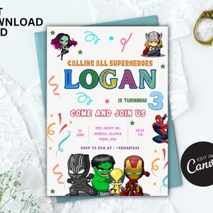 SuperHeroes Birthday Invitation,Printable Birthday Party Invitations, Digital Kids Party Invite,Heroes Birthday Invite,Canva Template