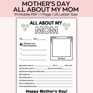 Mother's Day Printable, All About My Mom, Mothers Day Gift, Card for Mom, Activity Page, Mothers Day Coloring In Page, Mothers Day Activity