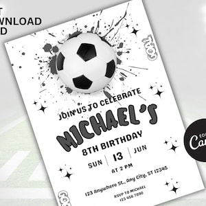 Sjabloon verjaardagsfeestje voetbal voetbal digitale uitnodigingen, afdrukbare digitale jongens elektronische feestkaart, bewerkbare canvassjabloon