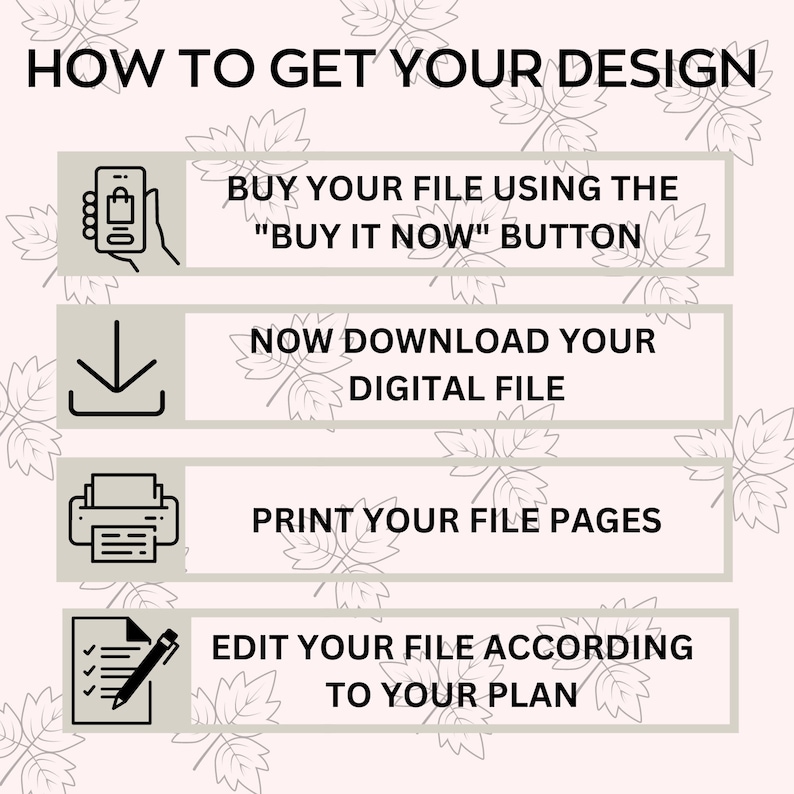 May include: An infographic with instructions on how to get a design. The steps include buying the file, downloading it, printing the pages, and editing the file. The background is light pink with leaf patterns.