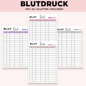 May include: A set of printable blood pressure tracking sheets. The sheets are white with black grid lines and headers in German. The headers include "BLUT", "Druck", and "MONAT". The top of the image reads "BLUTDRUCK" and "PDF | A4 | US LETTER | DRUCKBAR".