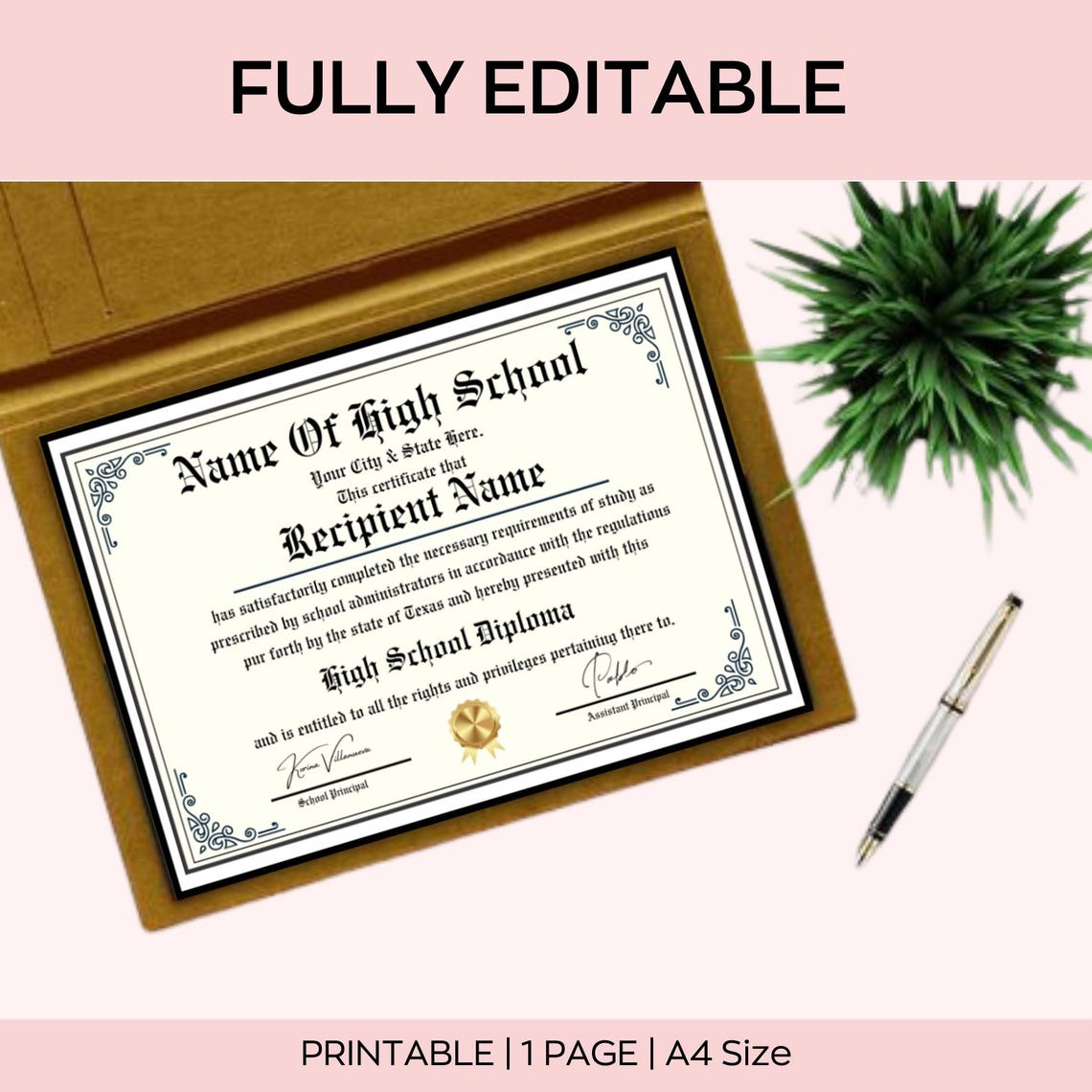 Printable GED Diploma Template, College Degree Certificate, School