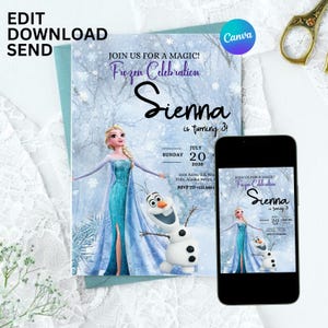 Digitale Geburtstagseinladung, Winter-Schnee-Geburtstags-Einladung, digitale Geburtstagsfeier-Einladung für Mädchen, Prinzessin Elsa Evite-Vorlage