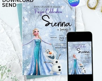 Pode incluir: Um convite de aniversário com o tema Frozen com o texto "Join us for a Magic! Frozen Celebration" e o nome "Sienna". O convite apresenta uma imagem de desenho animado de Elsa e Olaf. Um smartphone exibe o mesmo convite.