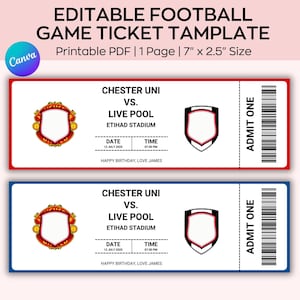 Editable Football Ticket, Football Game Ticket Gift, Football Birthday Ticket, Template Anniversary or Birthday Gift for Football Lover