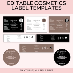 May include: A collection of editable cosmetics label templates in various sizes and colors. The labels feature the text "Soothing Aloe Vera Face Cream," "Handcrafted," and "Elevate Your Skin Routine." The labels are designed to be printable.