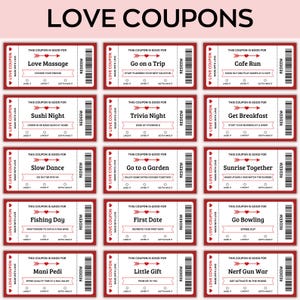 Op de afbeelding: Een vel rode en witte liefdesbonnen met verschillende activiteit idee&euml;n. Elke coupon heeft een titel zoals "Love Massage" of "Ga op reis" en een "Inwisselen" sectie. De woorden "Love Coupons" staan bovenaan.