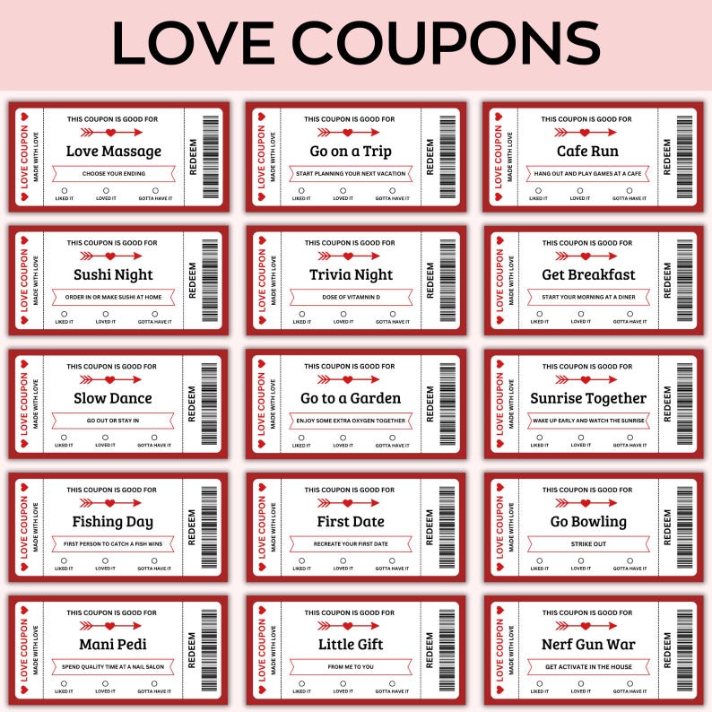 Op de afbeelding: Een vel rode en witte liefdesbonnen met verschillende activiteit idee&euml;n. Elke coupon heeft een titel zoals "Love Massage" of "Ga op reis" en een "Inwisselen" sectie. De woorden "Love Coupons" staan bovenaan.