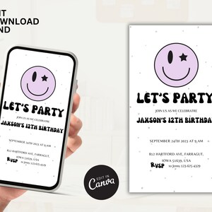 Convite de aniversário roxo para menina, rosto sorridente, canva editável, convite moderno e feliz, festa de aniversário de adolescente, 8º, 10º, 11º, 13º, 15º, convite para menina