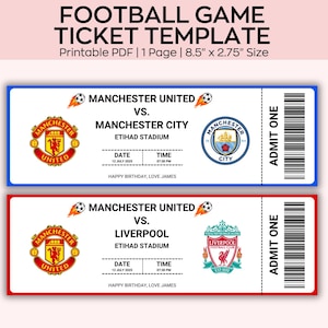Bearbeitbares Fußballticket, Fußballspielkartengeschenk, Fußball-Geburtstagskarte, Geburtstagsgeschenk für Fußballliebhaber oder Vorlagenjubiläum