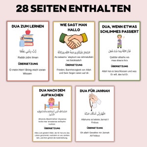 May include: A collection of six flashcards with Arabic script and German translations. The cards have colourful illustrations and titles such as "Dua zum Lernen" and "Wie sagt man Hallo." The top of the image reads "28 Seiten Enthalten."