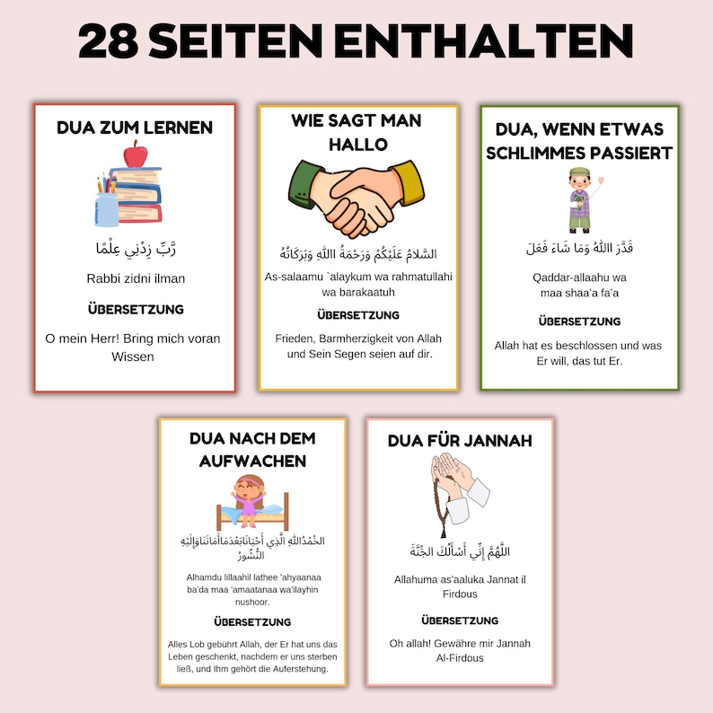 May include: A collection of six flashcards with Arabic script and German translations. The cards have colourful illustrations and titles such as "Dua zum Lernen" and "Wie sagt man Hallo." The top of the image reads "28 Seiten Enthalten."