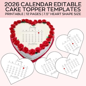 Kalendarz z ozdobami na tort w kształcie serca na rok 2026, szablon kalendarza z ozdobami na tort Burn Away, lukier cukrowy, papier opłatkowy, ozdoba na tort, edytowalny w Canva