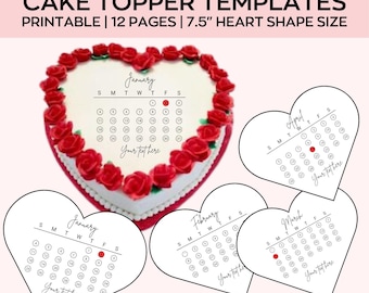 Calendario 2026 con adornos de corazón para tartas, plantilla de calendario para decorar tartas que se quema, glaseado de azúcar, papel de oblea, adorno para tarta, editable en Canva.