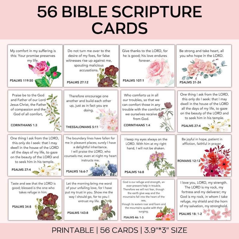 Puede incluir: Juego de 56 tarjetas imprimibles de vers&iacute;culos b&iacute;blicos, cada una con un vers&iacute;culo diferente. Las tarjetas presentan ilustraciones florales y texto de Salmos, Corintios y otros libros. Las tarjetas miden 9,9 cm x 7,6 cm.