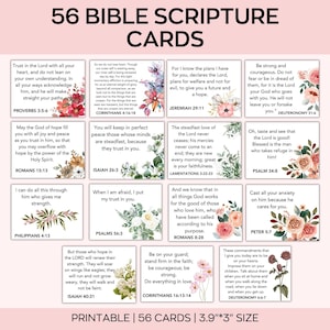 Puede incluir: Juego imprimible de 56 tarjetas de Escrituras de la Biblia, cada una con un vers&iacute;culo diferente y detalles florales. Las tarjetas miden 9,9 cm x 7,6 cm e incluyen vers&iacute;culos de Proverbios, Romanos, Isa&iacute;as, Jerem&iacute;as y m&aacute;s.