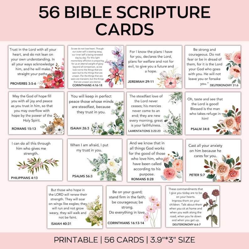 Puede incluir: Juego imprimible de 56 tarjetas de Escrituras de la Biblia, cada una con un vers&iacute;culo diferente y detalles florales. Las tarjetas miden 9,9 cm x 7,6 cm e incluyen vers&iacute;culos de Proverbios, Romanos, Isa&iacute;as, Jerem&iacute;as y m&aacute;s.