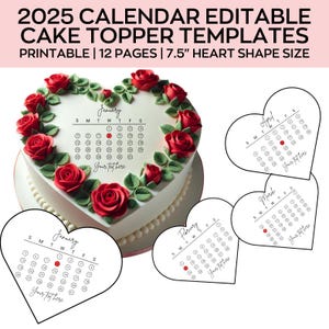 Herz-Kuchendeckel 2025 Kalender, Brennen-Kuchendeckel-Kalendervorlage, Zuckerguss, Oblatenpapier, Kuchendeckel, Canva Bearbeitbar