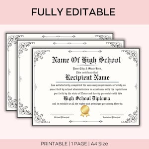 Editable High School Diploma Template,  Graduation Certificate,  canva  Editable, Homeschool Diploma Template, Diploma Replica Template,