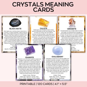 May include: A set of printable crystal meaning cards, featuring various crystals like Black Agate, Calcite, and Charoite. Each card is 4.1" x 5.5" and includes information about the crystal's properties and uses. The cards are designed for spiritual and wellness practices.