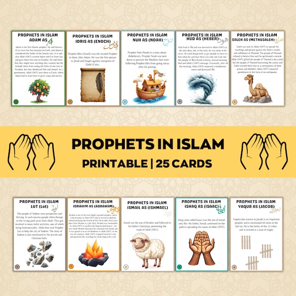 Prophets in the Quran & Islam,Islamic Printable and Digital cards, Muslim flashcards, Muslim Children's , Home schooling resources