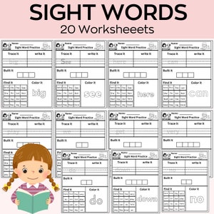 May include: A set of 20 sight word worksheets for early learners. Each worksheet features a space to trace and write the word, along with a section to find and color the word. The title "SIGHT WORDS" is at the top.