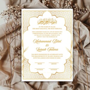 May include: A wedding certificate with gold detailing and Islamic design. The document features text in Arabic and English, with spaces for signatures. The certificate is for the marriage of Muhammad Bilal and Tainab Fatima. The certificate is dated March 12th, 2025.
