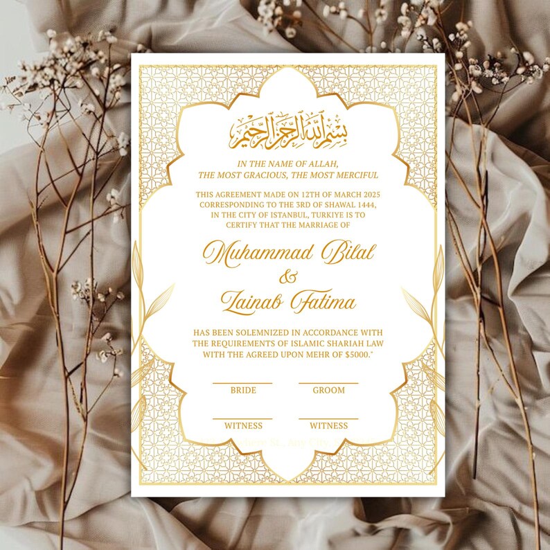 May include: A wedding certificate with gold detailing and Islamic design. The document features text in Arabic and English, with spaces for signatures. The certificate is for the marriage of Muhammad Bilal and Tainab Fatima. The certificate is dated March 12th, 2025.