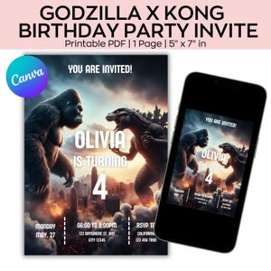 Invitación de King Kong y Godzilla, invitación de cumpleaños de Godzilla, invitación de Godzilla vs Kong, fiesta de monstruos para niños.