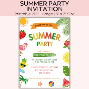 Plantilla de invitación a la fiesta de fin de verano, descarga digital imprimible y invitación móvil, invitación electrónica editable, edición de Canva en línea, frutas