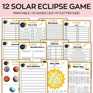 Op de afbeelding: Een printbaar zonne-eclipsspel met 12 spellen, 21,6 x 27,9 cm (letterformaat). Bevat trivia, woordzoekers en andere educatieve activiteiten. Met een zon- en maan-afbeelding. Perfect voor educatief gebruik.