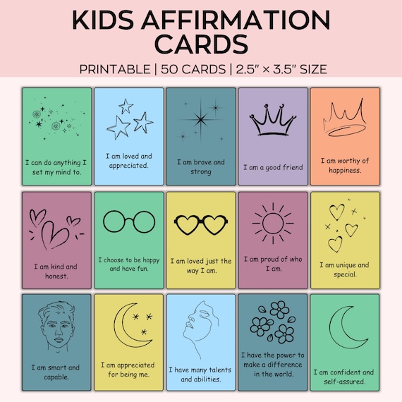 Affirmation Cards For Kids , Children's Positive Affirmation Cards, Kids Positivity Cards, Flash cards for kids, Set of 50 Kids Affirmation