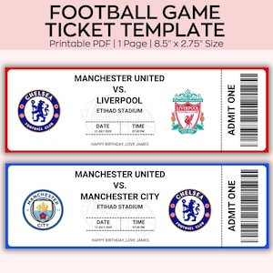 Bearbeitbares Fußballticket, Fußballspielkartengeschenk, Vorlagenjubiläum oder Geburtstagsgeschenk für Fußballliebhaber und Fußballgeburtstagskarte.