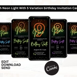 ネオンライトの誕生日招待状、編集可能な電子招待状テンプレート、9歳の誕生日招待状、光るパーティー、子供の誕生日、パーティーをしよう、誕生日のテキストメッセージ
